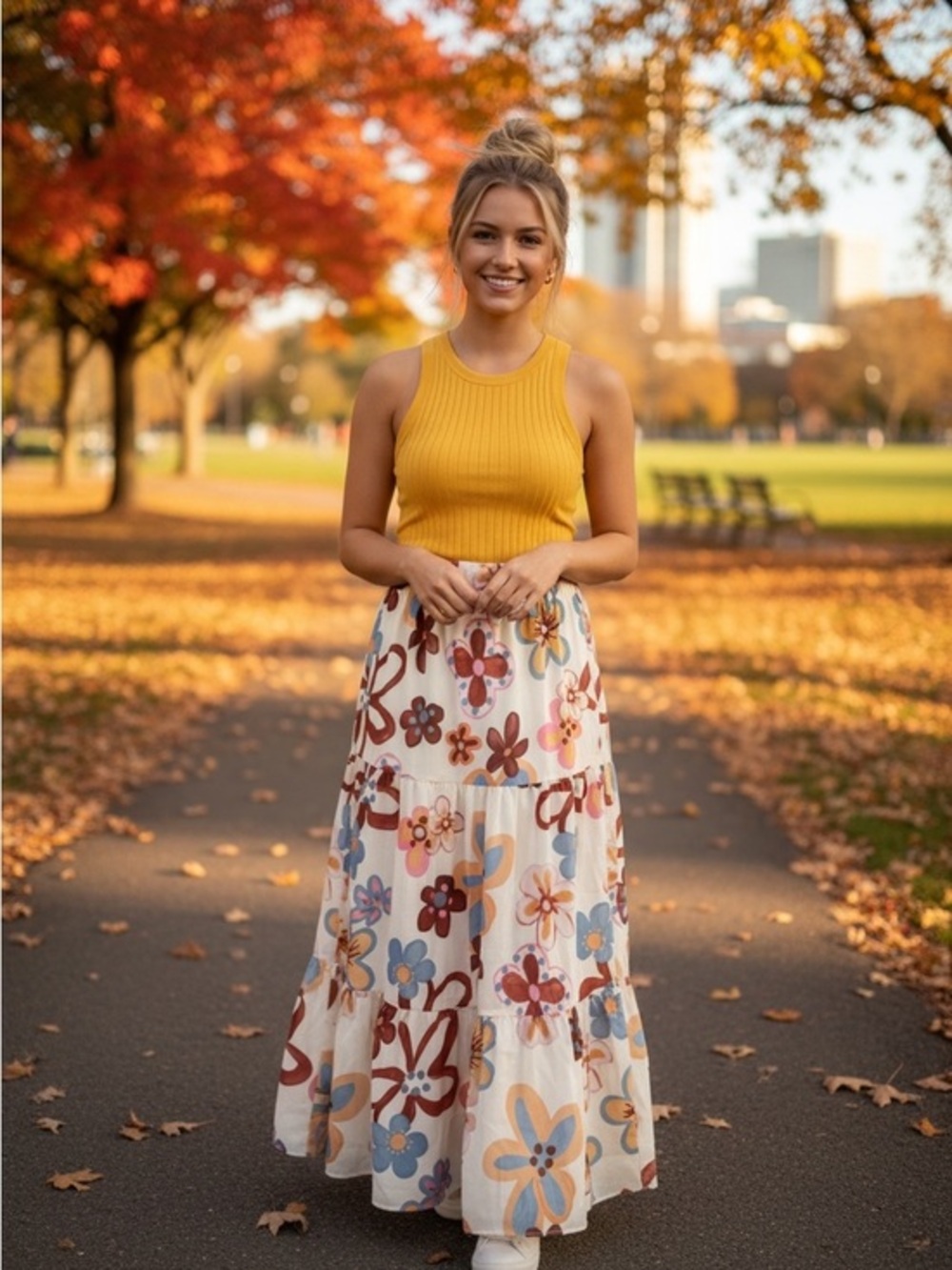 Cider Retro Floral Tiered Maxi Skirt